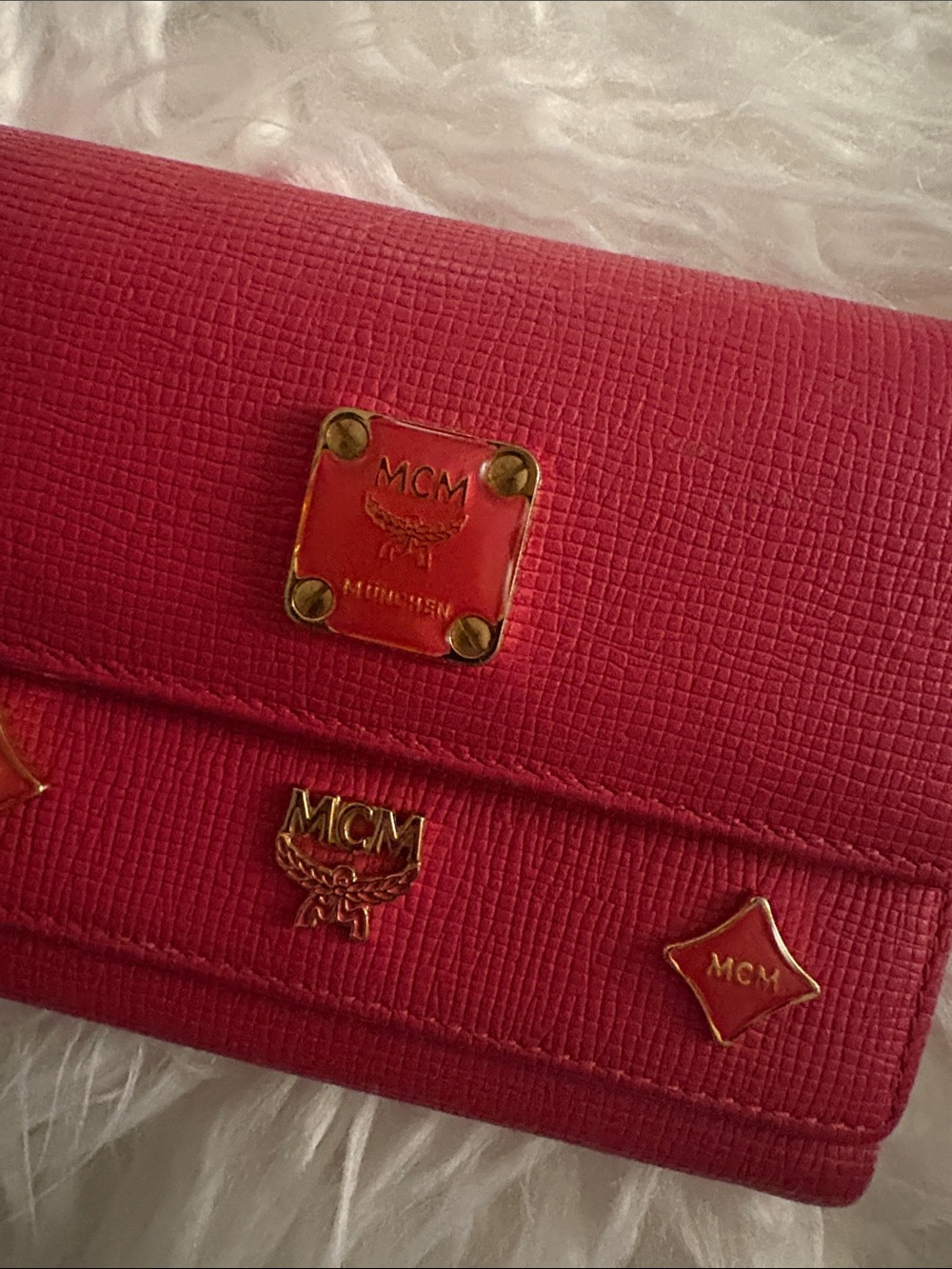 MCM Compact Hot Pink Textured Leather Trifold Wallet with Gold Charms - Picture 8 of 9